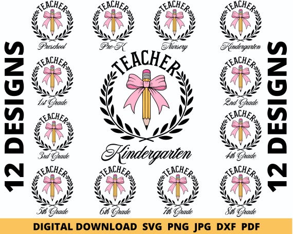 Teacher Back to School Bow Bundle Svg, Retro Kindergarten, First Grade Png, 2nd Grade Back to School Svg, Teacher Png, School Grade Bundle