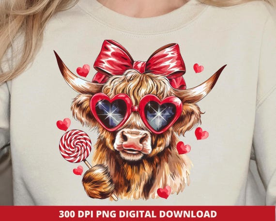 Valentine Highland Cow PNG, Retro Western Design (Digital Download)