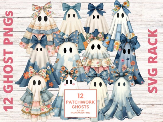 Retro Patchwork Ghost PNG Bundle: Vintage Halloween Clipart (Digital Download)