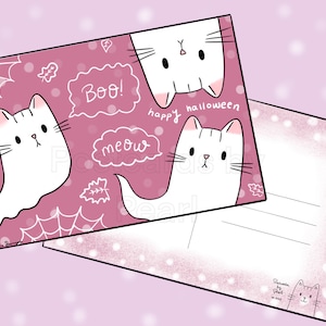 Carte postale Kitty Halloween Ghosts (carte postale 4x6 avec des motifs au recto et au verso) Mélangez et assortissez dans la boîte de personnalisation !