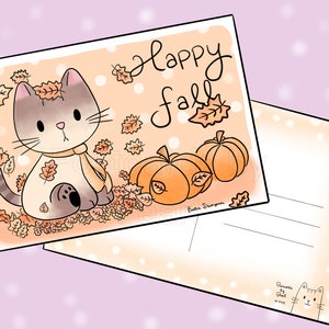 Cartão postal Kitty Fall Pumpkins & Leaves (cartão postal 4x6 com desenhos na frente e no verso) Misture e combine na caixa de personalização!