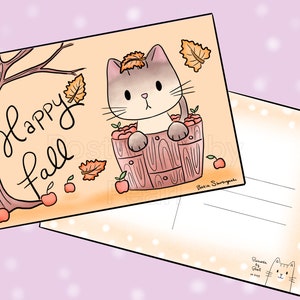 Cartão postal Kitty Fall Leaves (cartão postal 4x6 com desenhos na frente e no verso) Misture e combine na caixa de personalização!
