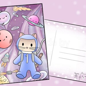 Kitty in Space (carte postale 4x6 avec dessins à l’avant et au verso) Mix-and-match dans la boîte de personnalisation!