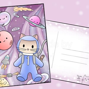 Kitty in Space (4x6 postcard with designs on front and back)  Mix-and-match in the personalization box!