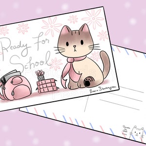 Cartão postal Kitty de volta às aulas (cartão postal 4x6 com desenhos na frente e no verso)