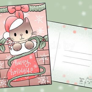 Happy Holidays Stocking Kitty Postcard (carte postale 4x6 avec dessins à l’avant et au verso) Mix-and-match dans la boîte de personnalisation!