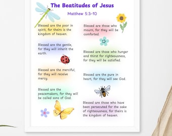 Bienaventuranzas de Jesús. Póster enmarcado con versículo bíblico para habitación infantil, adolescentes y aula.
