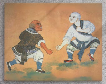 Lienzo de monjes de Kungfu Shaolin, mural de templo chino vintage