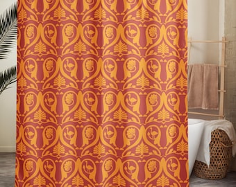 Cortina de ducha Art Deco de diseño vintage elegante con fondo amarillo/rojo Sunglo