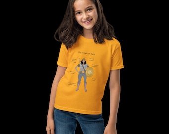 Camiseta de niña con escritura y dibujo de la Armadura de Dios de Efesios