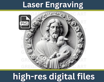 Jesus with a Lamb, laser PNG engraving, digital 3d engraving file, Christian gifts, 3d illusion, religious woodworking, religious art