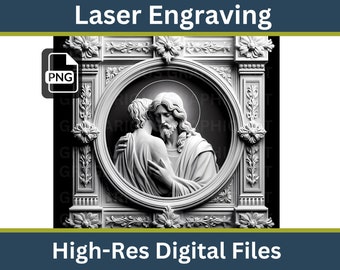 May include: A black and white digital file of a laser engraving design featuring a detailed image of Jesus and a disciple. The design is framed with ornate details and floral accents.