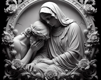 May include: A white marble sculpture of a woman comforting a man with a crown of thorns. The sculpture is set in a circular frame with ornate floral details.