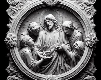 May include: A black and white relief sculpture of Jesus Christ surrounded by three other figures. The sculpture is framed in a white ornate frame.
