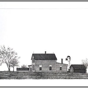 Architectural Pen & Ink Drawing Midwest Farmhouse