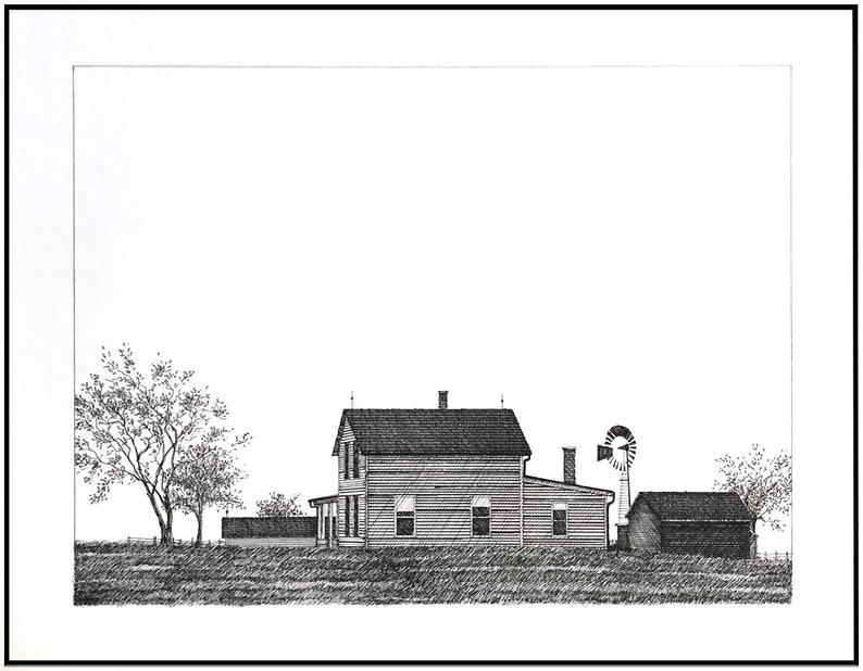 Architectural Pen & Ink Drawing Midwest Farmhouse
