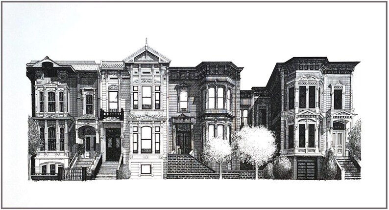 Architectural Pen & Ink Drawing San Fran Row Houses