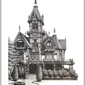 Carson Mansion and Other Architectural Pen & Ink Drawing | Gift Ideas | Historical Drawing | Giclée Print