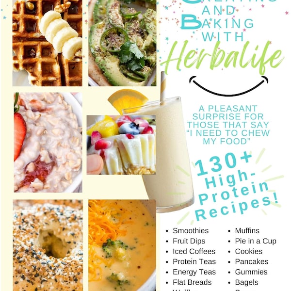 E-Book! Herbalife Recipe E-Book. 46 pages of smoothies, teas, coffee, bagels, waffles, pie, dips, gummies, flat bread, oatmeal, and more!