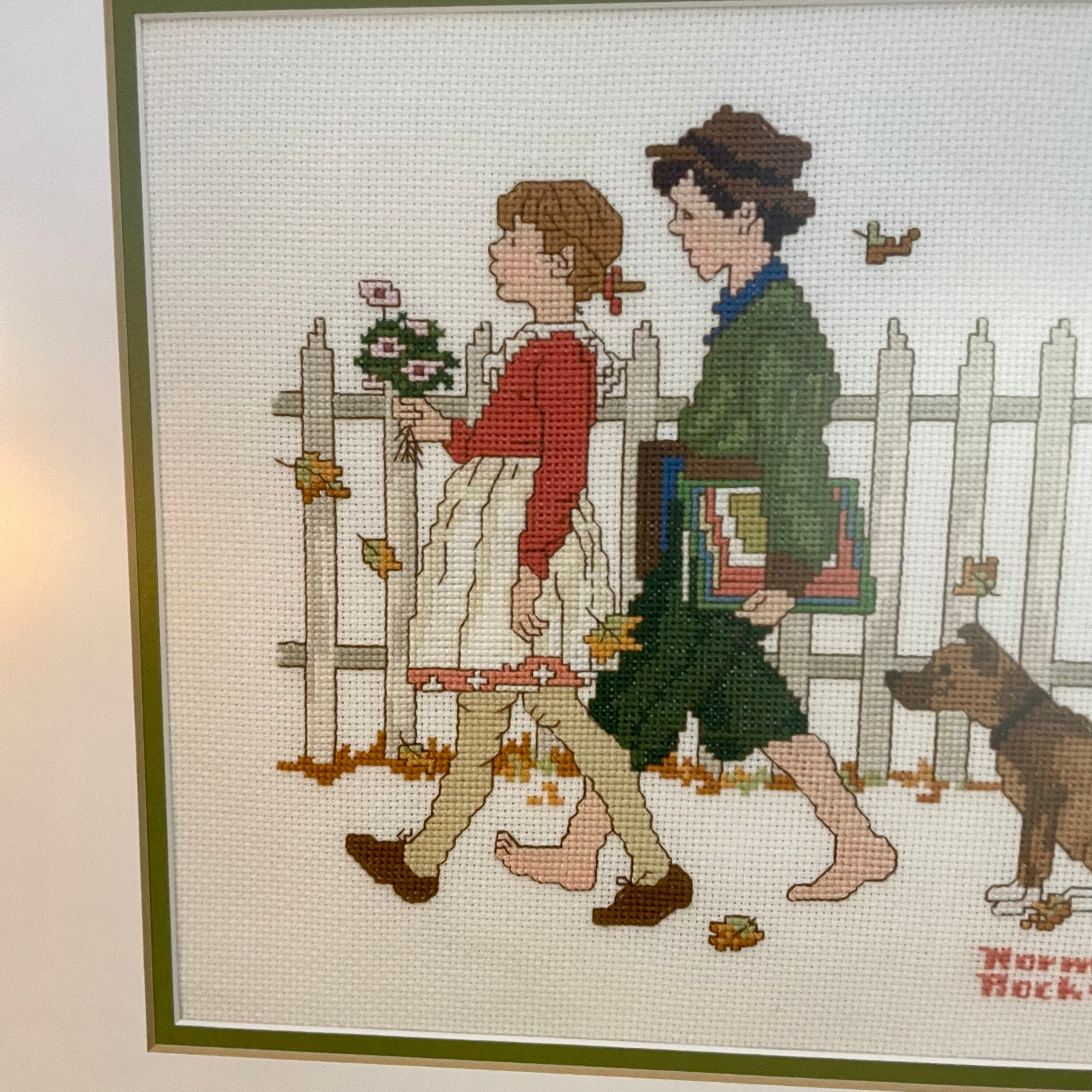 Norman Rockwell Picture Completed Cross Stitch. Young Love. Boy