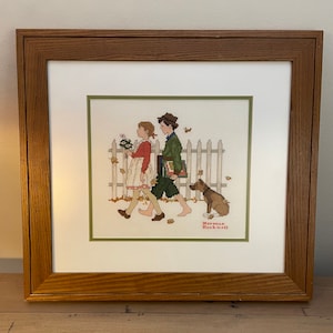 Norman Rockwell picture completed cross stitch. Young Love. Boy Girl Dog walking picket fence. Vintage. Pro framing. Anti glare.