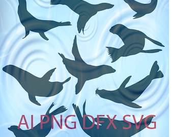 Swimming Sea Lions Silhouettes svg ai png dfx jpg
