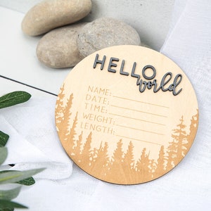 Letrero con el nombre del recién nacido, Hola mundo, montañas y bosque, accesorio para fotos, medidas del nombre, regalo para el embarazo, nacimiento en el hospital