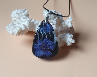 Véritable collier de bleuet bleu, pendentif terrarium floral noir, rayures argentées, bijoux en résine époxy, fait main, cadeau pour femme, fleur séchée