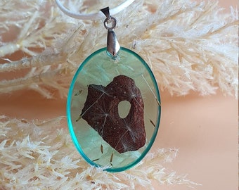 Real dandelion necklace, green oval botanical terrarium pendant with tree bark, epoxy resin jewelry, handmade, gift for woman, dried flower