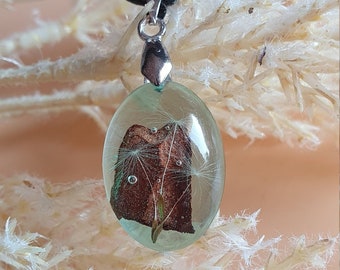 Green dandelion necklace, epoxy resin jewelry, small oval botanical terrarium cabochon pendant with tree bark, handmade, gift for woman