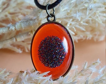 Orange small oval cabochon pendant with glitter in metal frame, epoxy resin jewelry, handmade necklace, gift for woman, anniversary