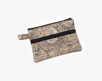 Double zipper wallet, coin purse, 2 pocket zipper pouch, card holder, change wallet, celestial wallet, sun moon wallet, scroll writings