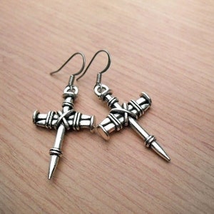 Nail cross earrings, dangle crucifix earrings, medium size cross earrings, religious cross jewelry, gothic cross earring, big cross earrings