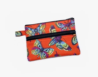 Double zipper wallet, coin purse, 2 pocket zipper pouch, card holder, canvas change wallet, Tula Pink, red rainbow butterflies wallet
