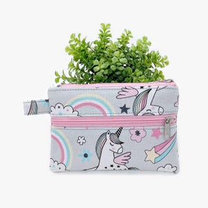 Cartera con doble cremallera, monedero, bolsa con cremallera de 2 bolsillos, tarjetero, billetera para niña, billetera de lona para cambio, unicornios arcoíris rosa