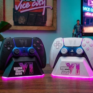 Soporte para mando de PS5 con temática de GTA 6 - Base LED Vice City / Soporte personalizado para DualSense de PS5 / Regalo para gamers