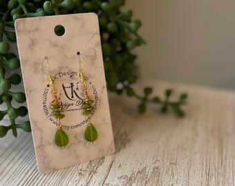 Green leave boho earrings, gold wire, drop earrings