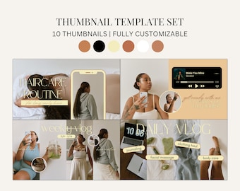 May include: A digital thumbnail template set featuring 10 customizable designs. The layout includes text overlays like HAIRCARE ROUTINE, WEEKLY VLOG, and DAILY VLOG, alongside various lifestyle imagery, music player graphics, and icons for social media content.