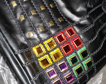 Genuine leather bucket bag with colorful gems