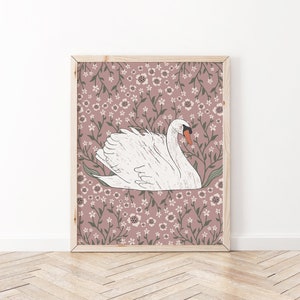 Swan printable wall art, swan nursery print, cottagecore nursery decor girl, lavender nursery art print, swan nursery decor