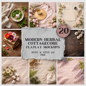 May include: A collection of flatlay mockups with a modern herbal cottagecore theme. The image features flowers, books, a coffee cup, and a straw hat. The text on the paper reads "MODERN HERBAL COTTAGECORE FLATLAY MOCKUPS".