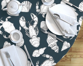 Round Table Cloth -Hand Drawn Lobster-Crabs-Shells-Beach on Blue-Coastal Decor