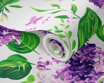 Peel and Stick Removable Floral Wallpaper Hand Painted - Eco & Renter friendly Lavender Hydrangeas on white