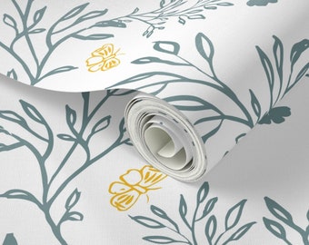 Leaves Moths Light Blue Peel and Stick Removable Wallpaper Hand Drawn Modern Delicate Interior Design for Renters and DIY