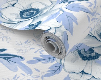Peel and Stick Removable Floral Wallpaper-Hand Drawn and Painted - Eco-friendly -Blue Anemones on white