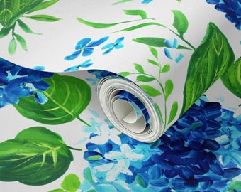 Grasscloth Floral Wallpaper Hand Painted - Eco & Renter friendly Blue Hydrangeas on white