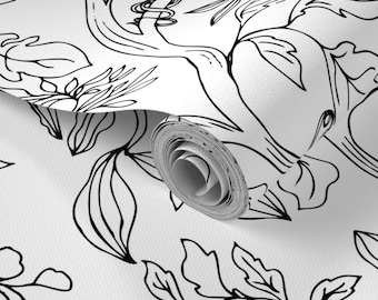 Peel and Stick Removable  Floral Wallpaper-Hand Drawn black and white- Eco-friendly -trees vine and leaves