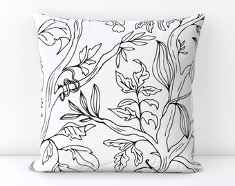 Square Throw Pillows -Hand Drawn black and white tree vines and leaves decorative pillow
