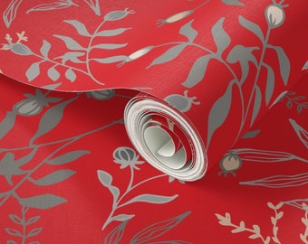 Hand Drawn Wild Rose Hips on Red Peel and Stick Removable Eco-friendly Wallpaper for Interior Living Rooms