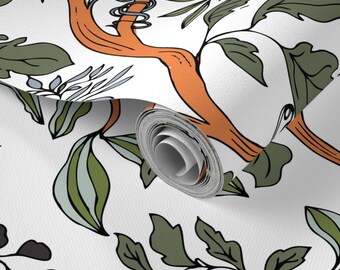 Peel and Stick Removable  Floral Wallpaper-Hand Drawn - Eco-friendly -Brown vine Green leaves